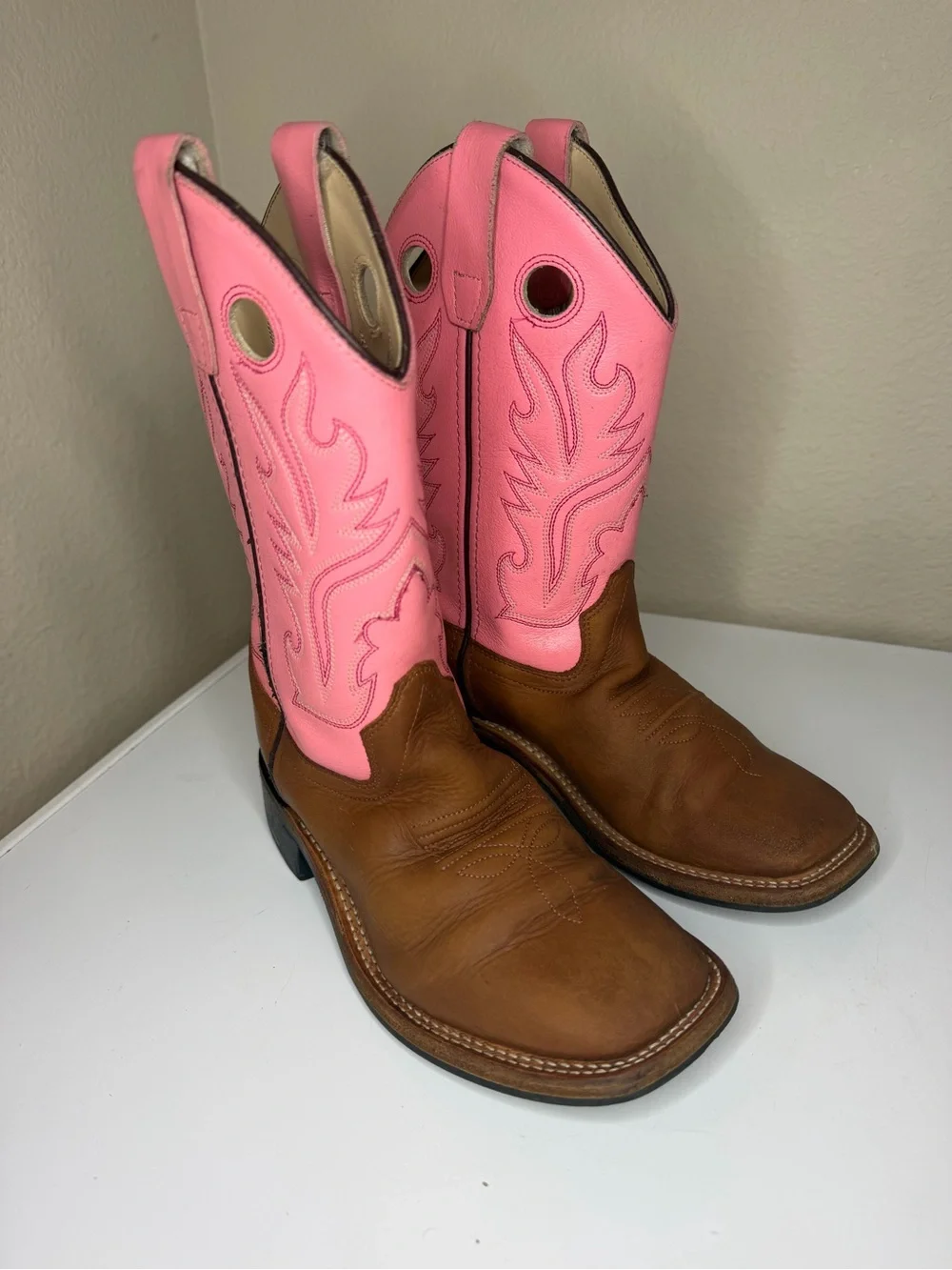 Shyanne Girls Western Cowboy Boots Pink Brown Square Toe Leather Size 2D